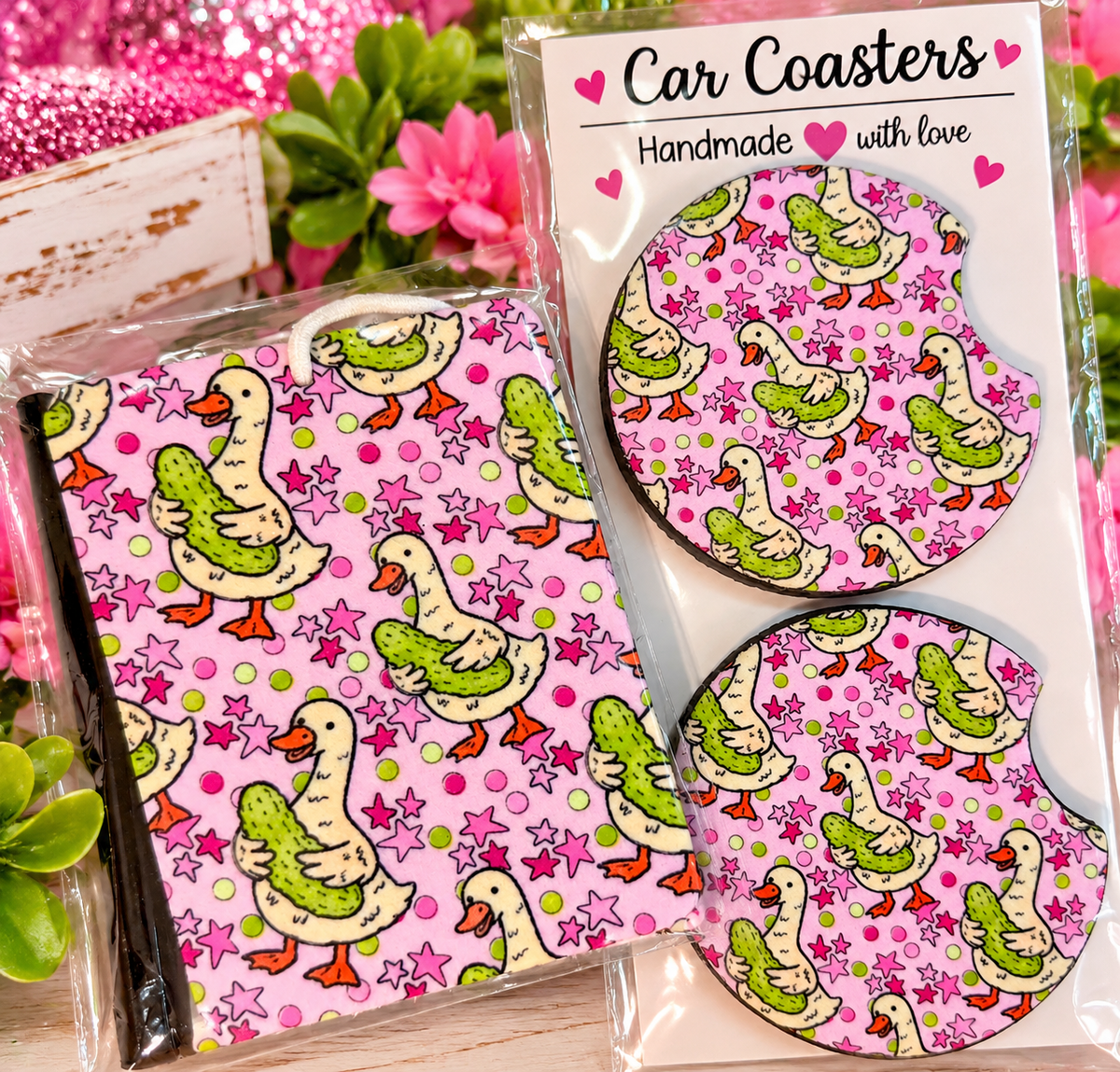 Goose Pickle Car Coasters and Felt Freshie Bundle