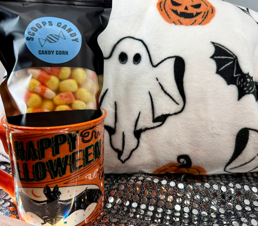 Halloween Blanket Bundle!!! You will receive Blanket, Mug and Freeze Dried Candy Corn!! Shipping Included!!